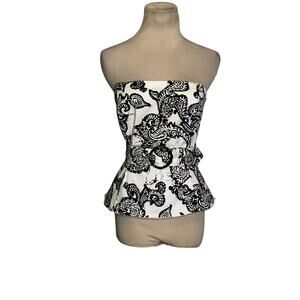WHBM white black floral strapless belted party top size 14